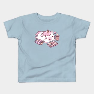 Cute Unicorn Chilling With Manga Chips And Boba Tea Kids T-Shirt